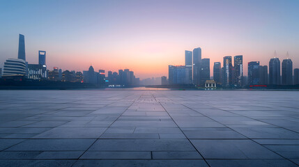 Empty square floor and city skyline with modern commercial buildings in Hangzhou at sunrise China :...