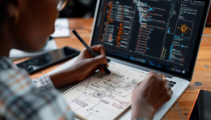 a close-up image of a participant sketching out a network diagram on a notepad, with a laptop showing code next to them, Technology, IT specialist, hackathon, code and diagrams, wi - Powered by Adobe