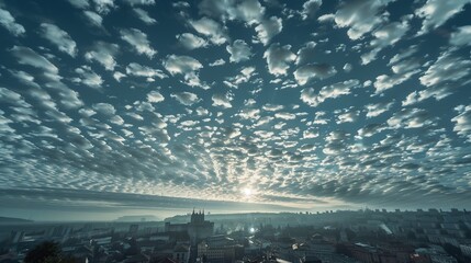 Gleaming Silver Altocumulus Clouds Creating the Outline of a Castle in the Sky Over a Bustling City