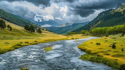 On a cloudy day a winding river flows through lush mountain meadows setting the scene for the celebration of the International Day of Forests and World Environment Day