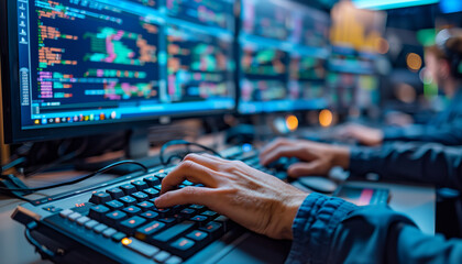 a close-up image of an IT specialist's hands typing on a keyboard, with code and algorithm visualizations visible on multiple monitors, Technology, IT specialist, machine learning,