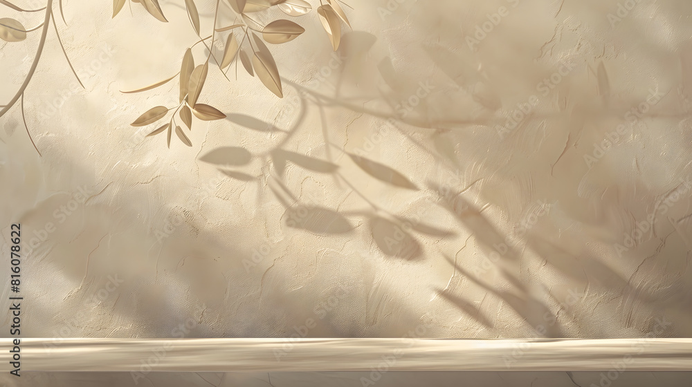 Aufkleber empty table against beige textured wall background composition with glossy leaves on the wall : gene