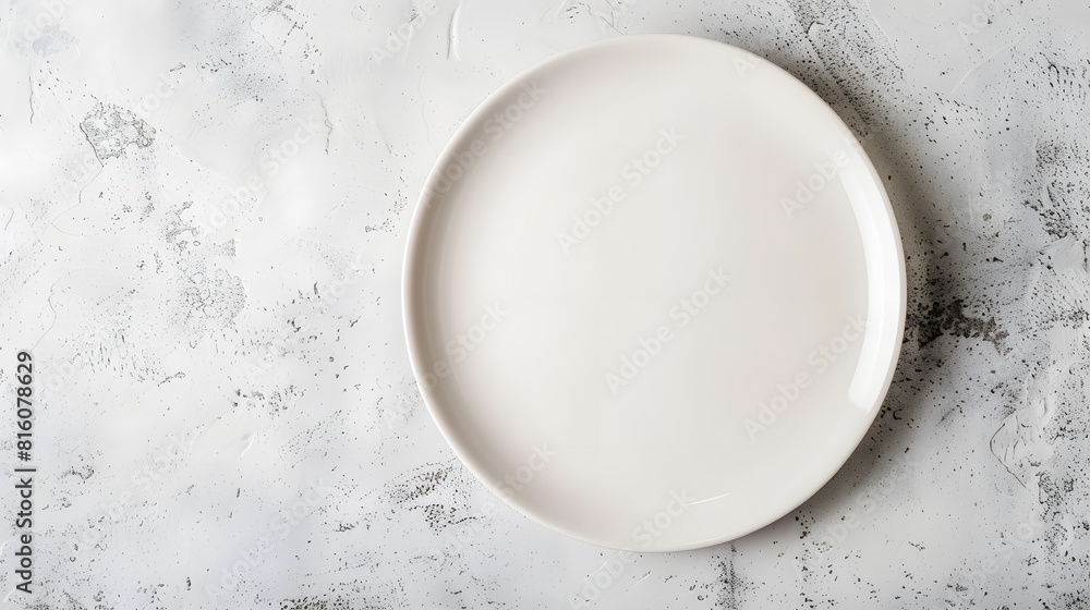 Poster Empty white plate  on white stone table top view copy space : Generative AI
