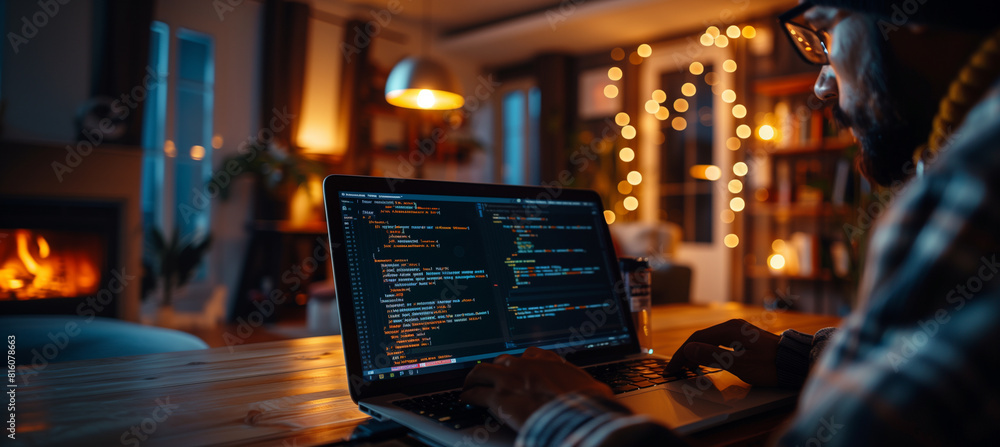 Poster a shot of the programmer's reflection on the laptop screen with modern home office elements subtly v