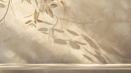 Empty table against beige textured wall background Composition with glossy leaves  on the wall :...