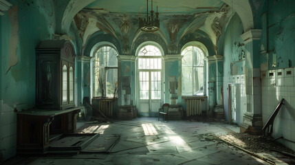 Old abandoned forgotten historical mansion Former Philipov manor Moscow region : Generative AI