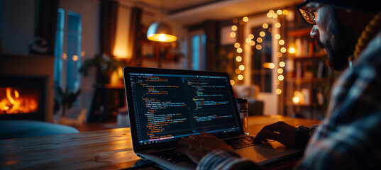 a shot of the programmer's reflection on the laptop screen with modern home office elements subtly visible in the background, programmer, IT specialist, cozy home, office, minimali