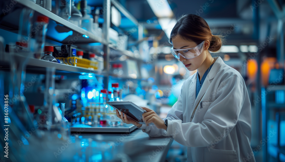 Poster a close-up image of a female engineer using a digital tablet to control laboratory experiments, with