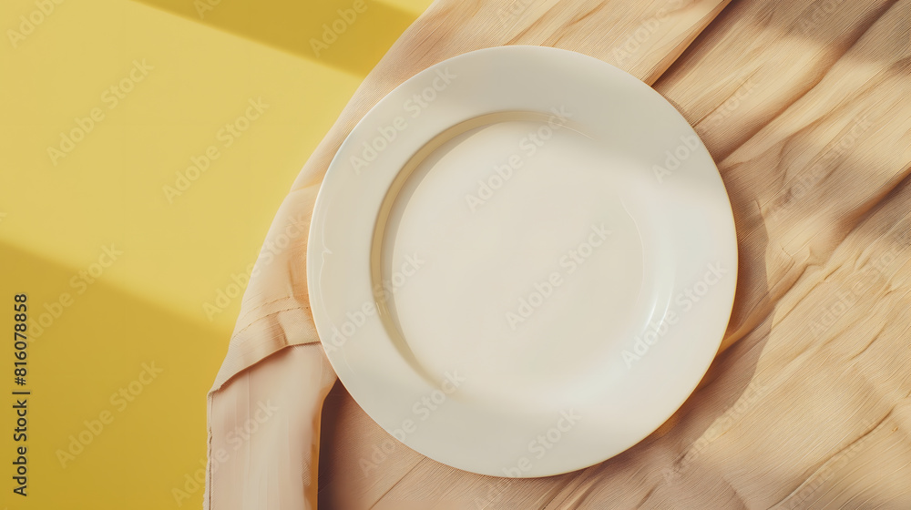 Leinwandbilder Top view on colored background empty round white plate on tablecloth for food Empty dish on napkin with space for your design : Generative AI
