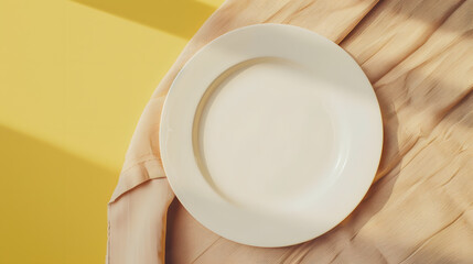 Top view on colored background empty round white plate on tablecloth for food Empty dish on napkin with space for your design : Generative AI