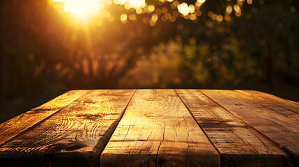 Empty wooden table top for product display In the background a blurred background of a small apiary at sunset : Generative AI
