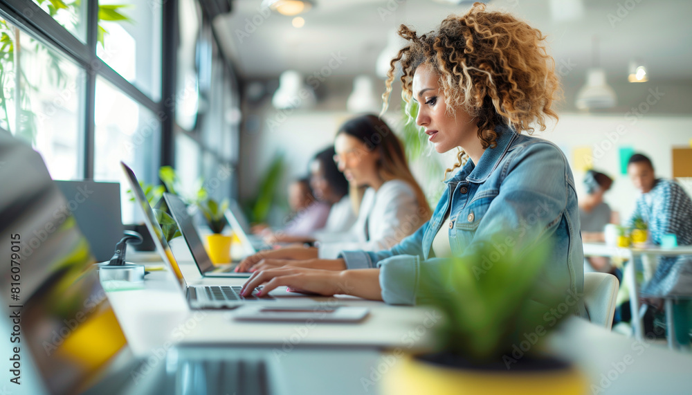Poster a detailed image of a group of female it specialists using various devices, such as tablets and lapt