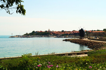 View onto Nessebar, Nesebar, the blue, turquoise sea, the road, the bridge and the Windmill can be...