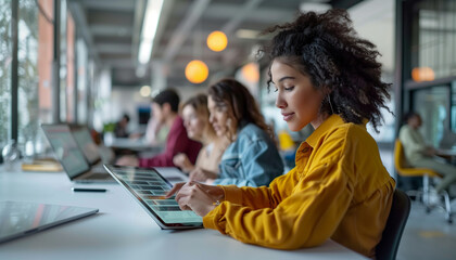 a close-up image of a female IT team member reviewing software updates on a tablet, with other team members working in the background, Technology, Women, Computer Programmer, Teamw