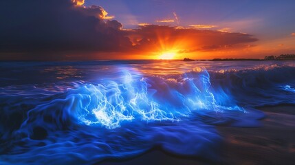 Incandescent Blue Flame Waves Crashing on a Tropical Beach at Sunset