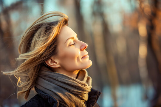 Self healing and spirituality concept with young woman with eyes closed standing with her hair in the wind breeze