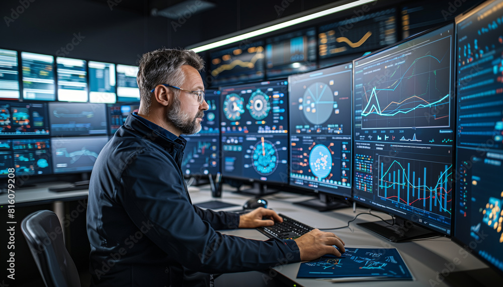 Aufkleber a side view of an it specialist analyzing threat data on a large central screen, with additional mon
