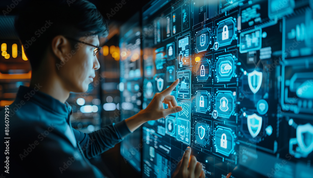 Poster a detailed image of a cyber specialist interacting with a touchscreen interface, displaying virtual 