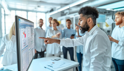 Fototapeta premium a detailed image of an IT specialist pointing to a critical alert on a monitor, with colleagues in the background discussing the data, Technology, IT specialist, cybersecurity, Tea