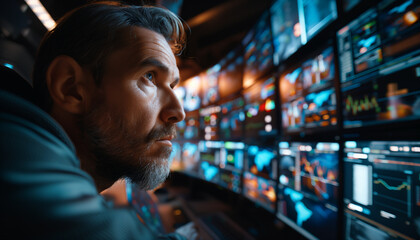 a detailed image of an IT specialist's face reflecting the light from multiple screens, deeply focused on analyzing cybersecurity threats, Technology, IT specialist, cybersecurity,
