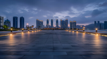 Empty square floor and bridge with city skyline in Sanya Hainan China : Generative AI