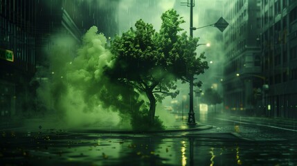 Lush green smoke sculpting a tree silhouette, set against a rainy urban street scene - Powered by Adobe