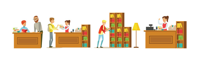 People Character at Library and Bookstore with Books Vector Set