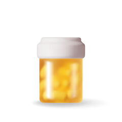3D glass bottle full of pills. Render medicine package for pills, capsule, drugs. Box for illness and pain treatment. Medical drug, vitamin, antibiotic. Healthcare pharmacy. Vector illustration