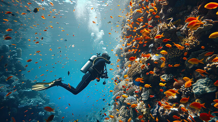 A scuba diver floating near a massive coral wall, with various species of fish swimming around and...
