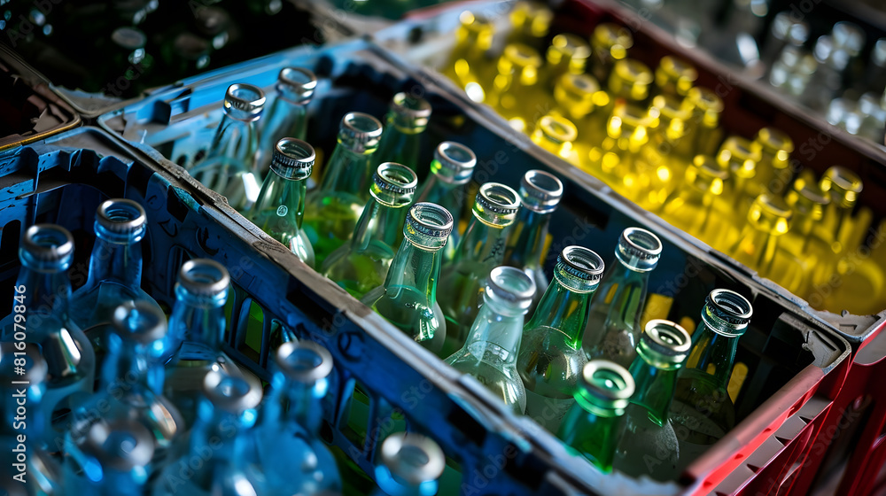 Aufkleber drink bottles in crates in storage : Generative AI