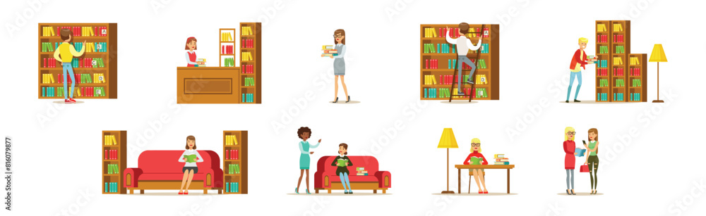 Poster people character at library and bookstore with books vector set