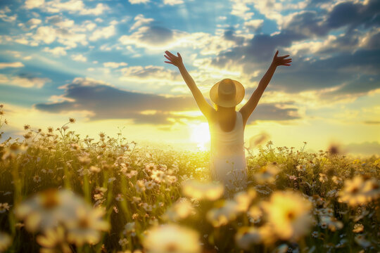 Spring positive greeting card banner with a delightful woman to lift your spirits and believe in the best.