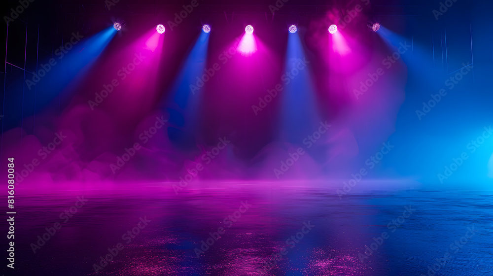 Poster Dark stage shows blue and purple background an empty dark scene laser beams neon spotlights reflection on the asphalt floor studio room with smoke floating up for display products : Generative AI
