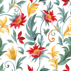 watercolor seamless pattern of red and yellow ornaments. oriental pattern on a white background