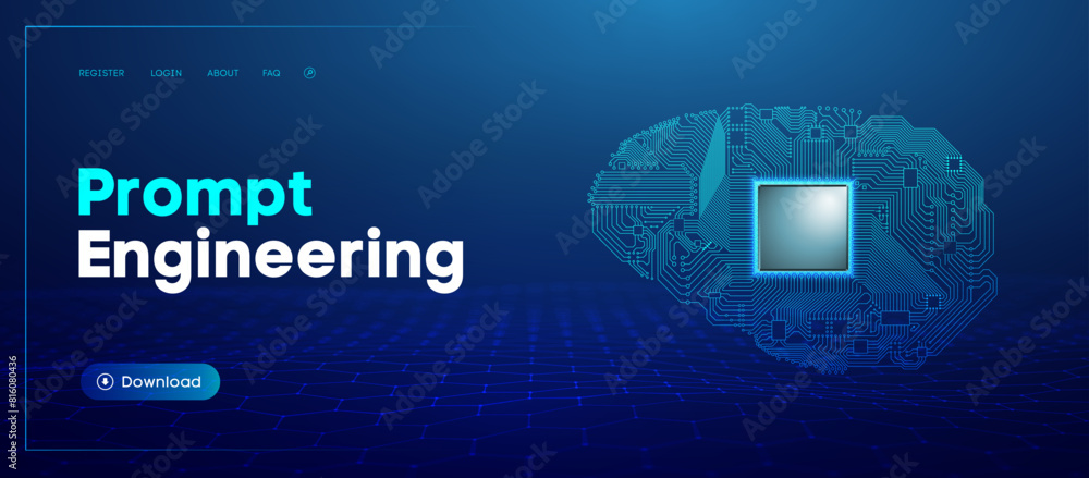 Poster prompt engineering, ai and data visualization. circuit brain artificial intelligence.