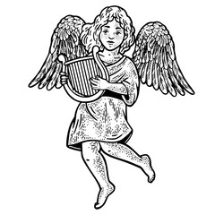 angel with lyre sketch engraving PNG illustration. T-shirt apparel print design. Scratch board imitation. Black and white hand drawn image.