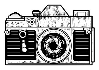 Obraz premium Old photo camera sketch engraving PNG illustration. T-shirt apparel print design. Scratch board imitation. Black and white hand drawn image.