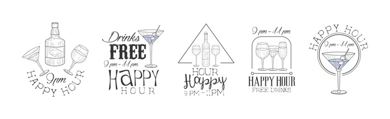 Cocktail Bar Happy Hour Promotion Sign Design Template Vector Set
