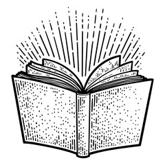 book and light rays sketch engraving PNG illustration. T-shirt apparel print design. Scratch board imitation. Black and white hand drawn image. © Oleksandr Pokusai