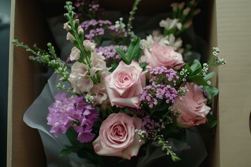 Delicate arrangement of pink roses with purple blooms and greenery in a gift box