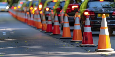 Redirecting Traffic in a Busy Lane with Orange Cones for Maintenance Signs. Concept Traffic control, Road maintenance, Safety precautions, Orange cones, Busy lane