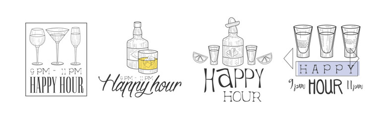 Cocktail Bar Happy Hour Promotion Sign Design Template Vector Set