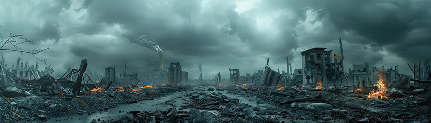 A desolate wasteland with ruined buildings and charred remains, the aftermath of a nuclear explosion, under a gloomy sky