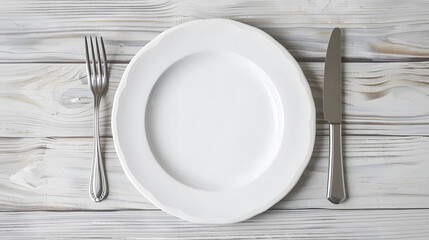 White empty plate and fork and knife on wooden texture background : Generative AI