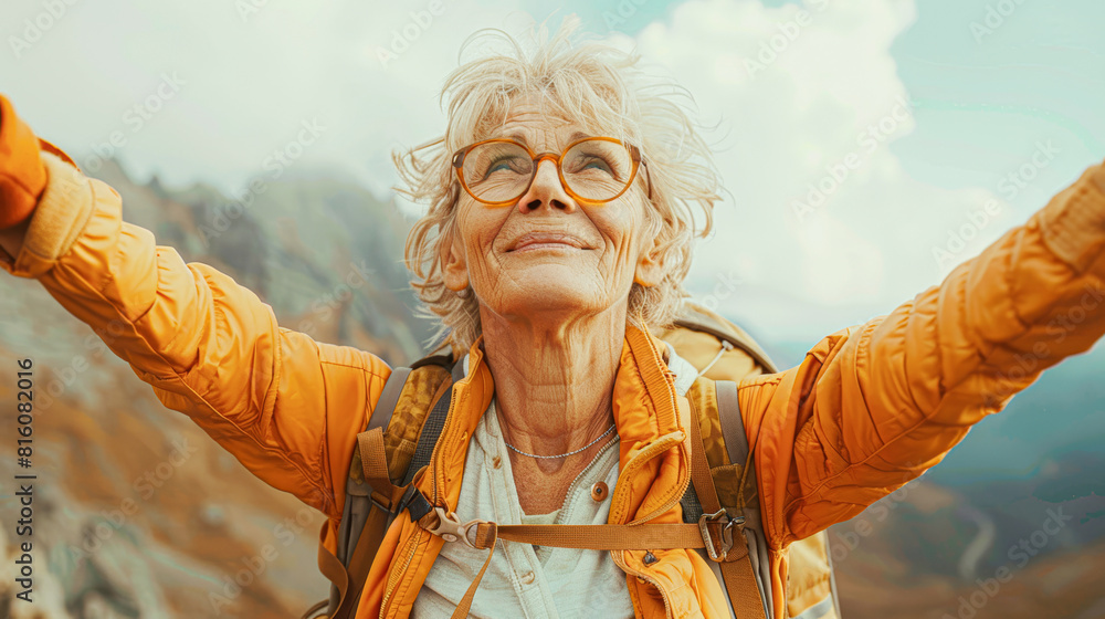 Poster an elderly person reaches the peak of a hike