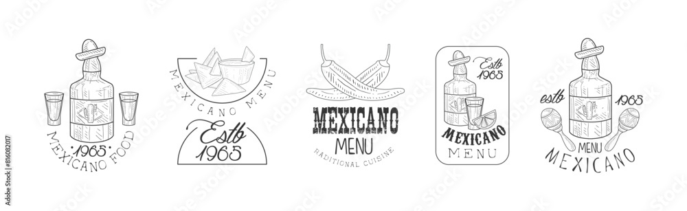 Wall mural Mexican Food Logo with Text and Hand Drawn Element Vector Set