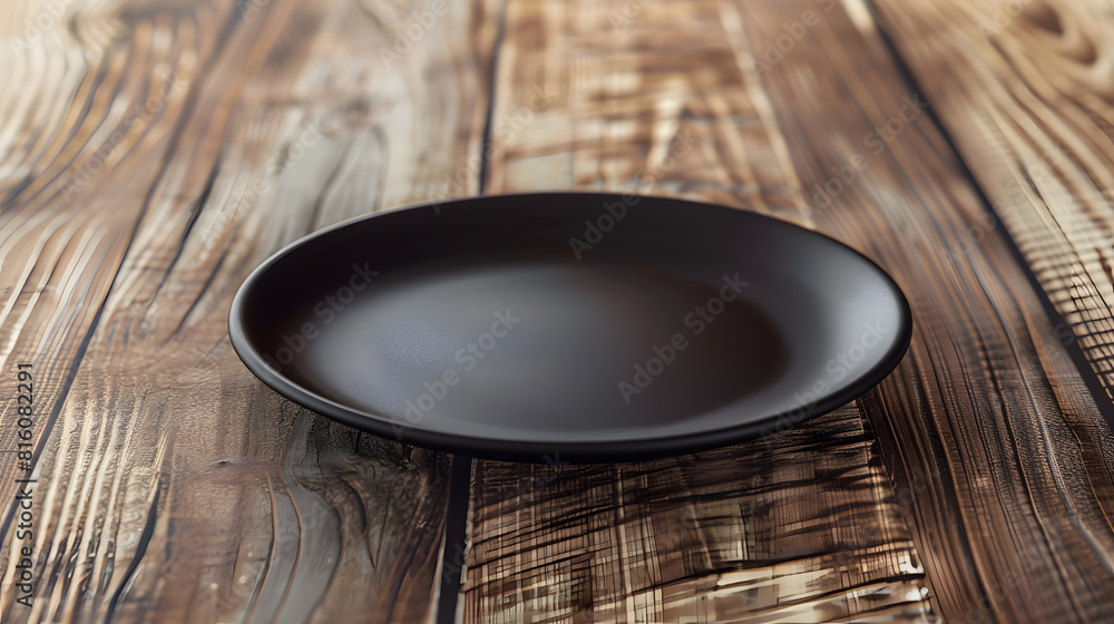 Poster Perspective view of empty black plate on wooden background Empty space for your design : Generative AI