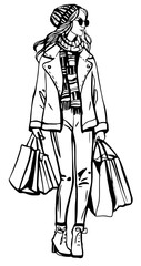 Girl Shopping Line Drawing