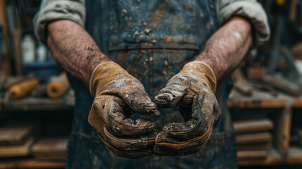 Close-up of a mechanic's hands clasped together, wearing heavily worn and dirty work gloves, symbolizing hard labor and dedication. - Powered by Adobe
