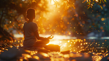 Imagine a close-up shot of a person meditating in nature, capturing the serenity on their face, with the tranquil setting blurred in the background
